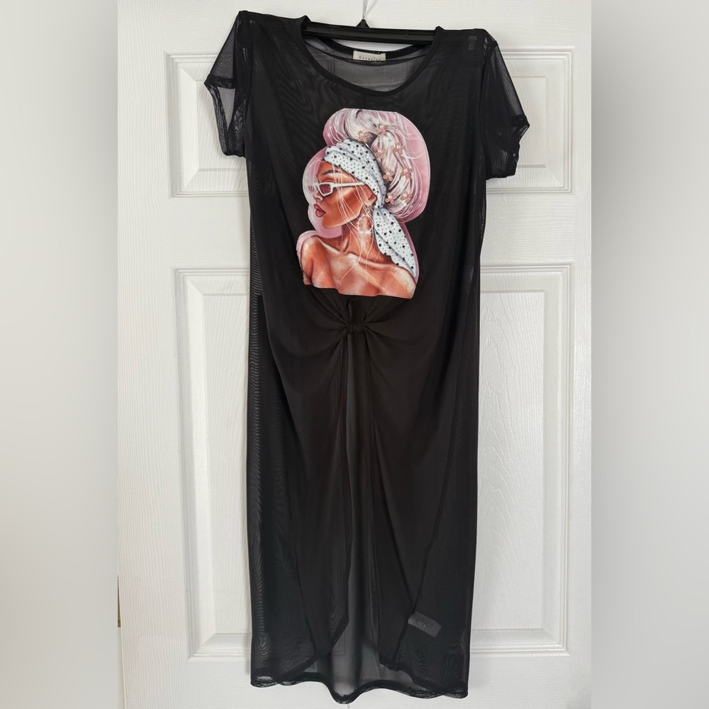 Occasion Black Mesh Dress with Graphic Print